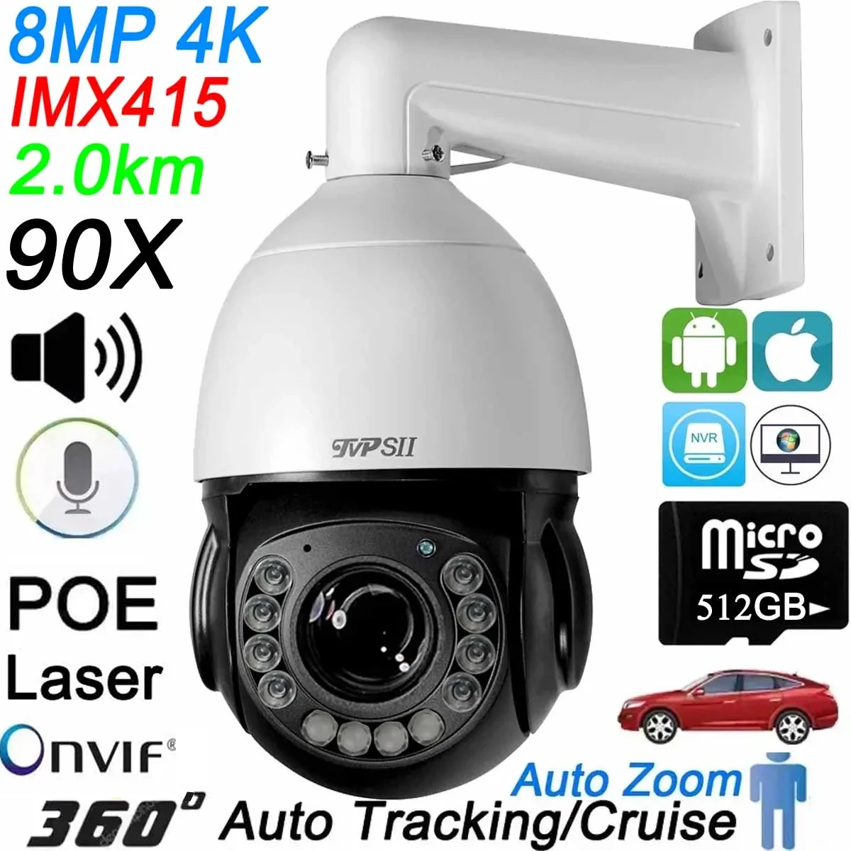 Laser Infrared Metal Max.512G Auto Tracking 8MP 4K 90X Zoom 360° Audio Outdoor ONVIF POE PTZ Speed Doom Surveillance IP Camera