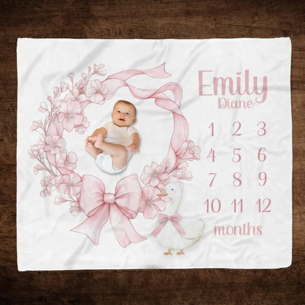 VIKAMA Pink Bow Flower Crown Print Baby Full Moon Photography Blanket, Newborn Baptism, Milestone Commemoration, Growth Calendar