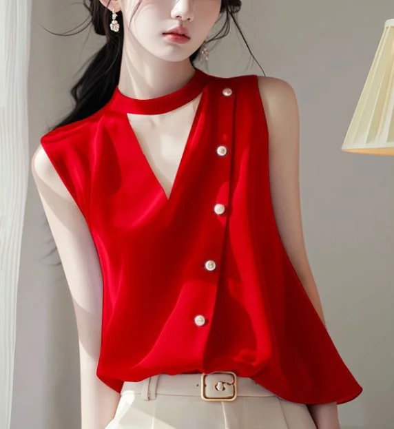 Women's French Slim Sleeveless Chiffon Top - close-up view