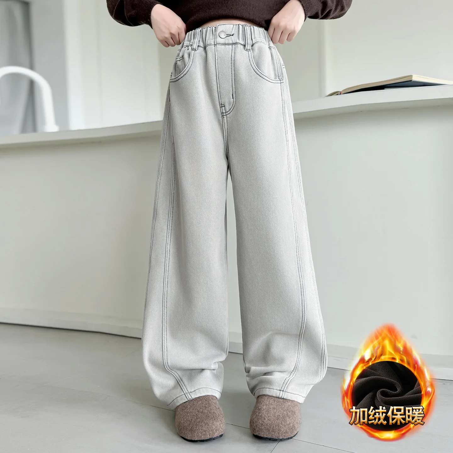 Pantalon carmesim en velours côtelé chaud pour filles, Style ample, épais, de rue, isolé, Denim blanc, automne et hiver