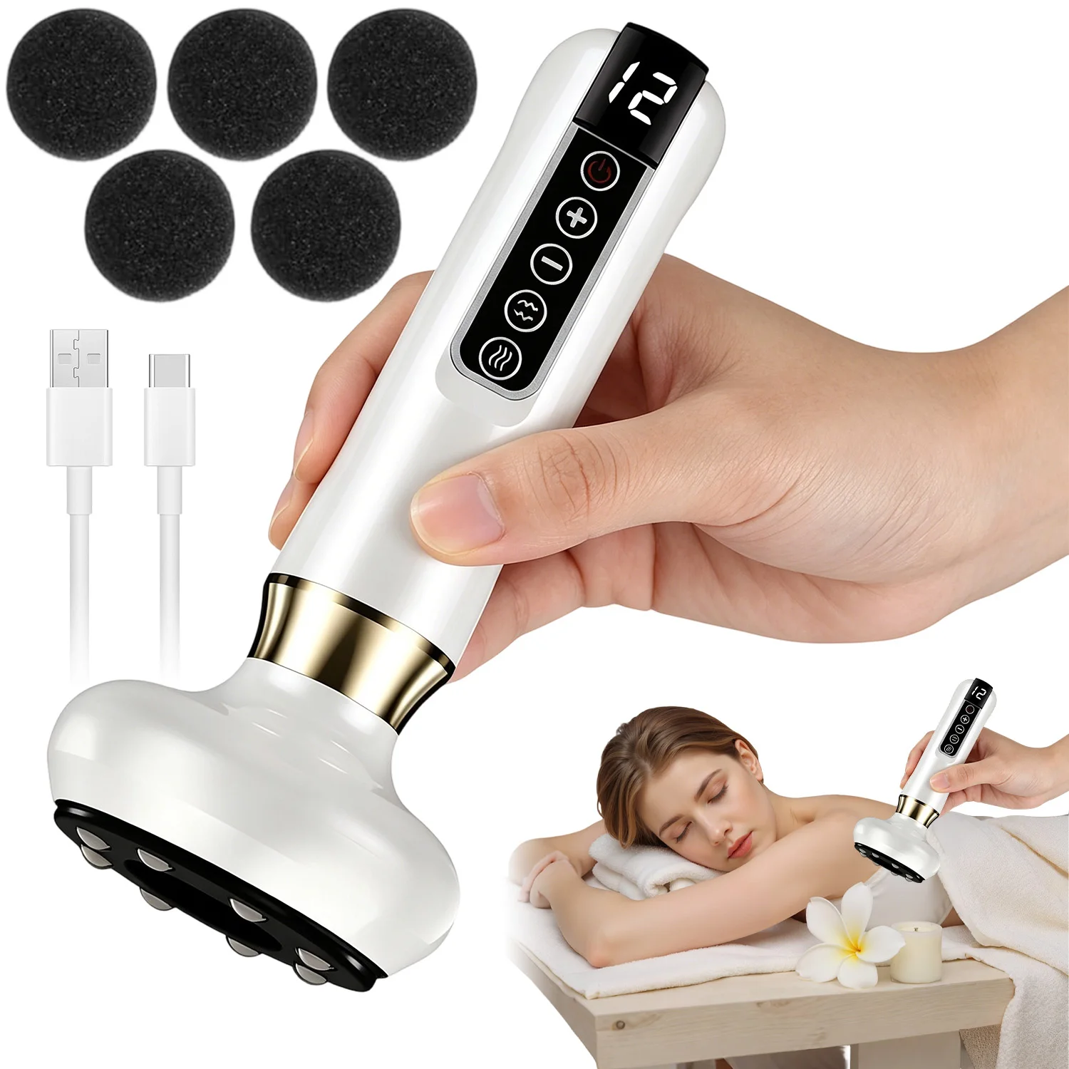 Appareil de ventouses et de Gua Sha sans fil – 6 niveaux de succion et 6 réglages de chaleur – Affichage LED avec minuterie – Outil multifonctionnel de thérapie des méridiens à domicile