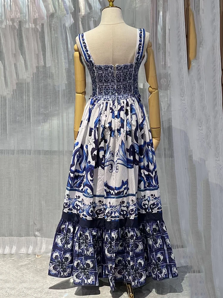 2025 spring women's new blue and white porcelain material 3.4 meters with chest strap dress loose big swing Peng Peng skirt