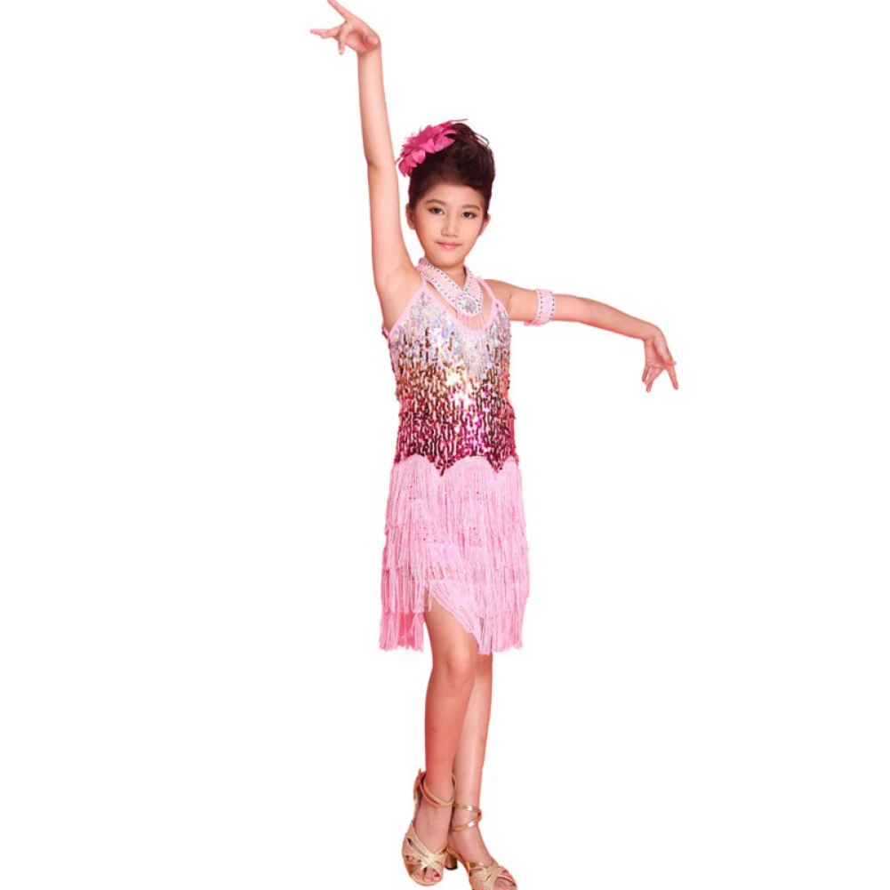 Girls Children Salsa Performance Dresses Rainbow Sequin Fringe Latin Dance Dresses Girls\' Dance Skirt Costume