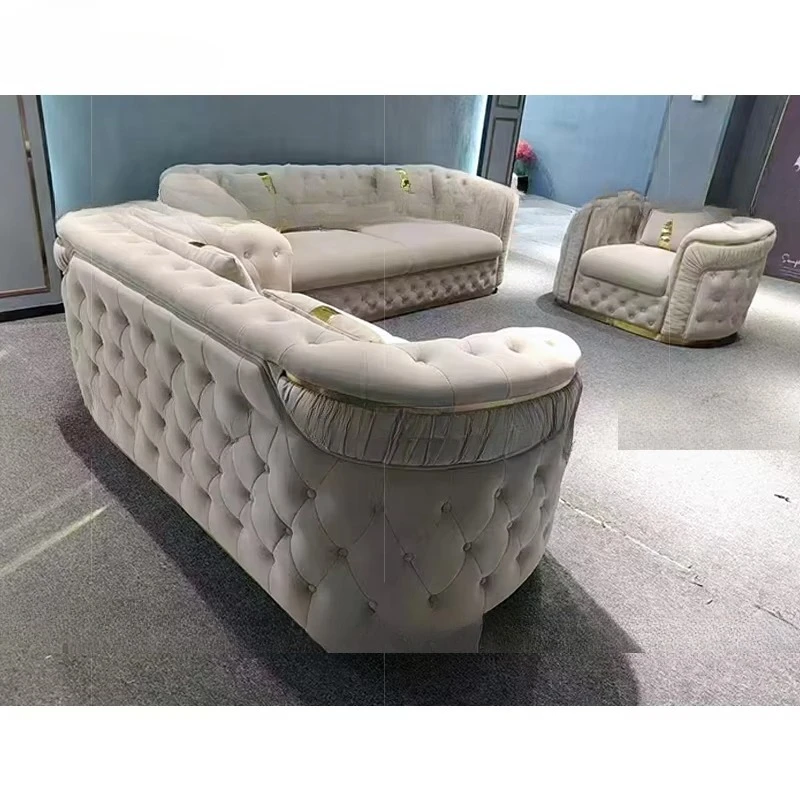 

European Luxury Rose Gold Legs White Chesterfield Sofa Velvet Button Tufted Lounge