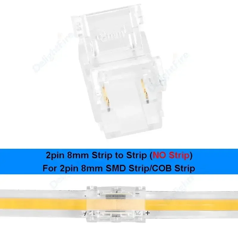 5pcs 8mm 10mm LED Strip Connectors Transparent 2 Pin Solderless Unwired Gapless Connector Terminal For COB SMD LED Strip Lights