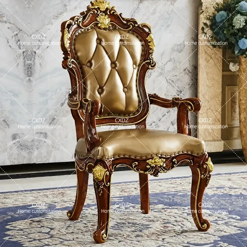 Solid Wood Dining Chair Leather Armchair Antique Style for Villa Restaurant Home Tea Table Study Room Comfortable Seating