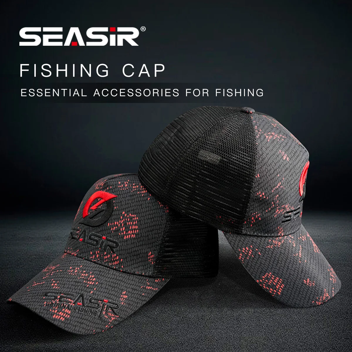 Seasir novo upf50 + chapéu de pesca material poliéster malha respirável ajustável snapback chapéu bordado artesanato vermelho preto boné de pesca