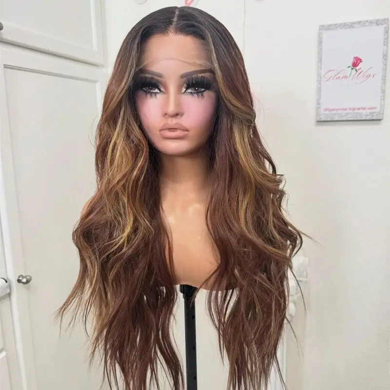 Natural Wave Wig Free Part Ombre Warm Brown Highlight Lace Frontal Wig Syntehtic Heat Resistant Wig Glueless Preplucked Hairline