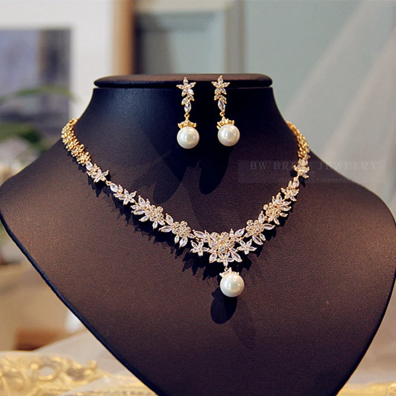 

Wedding Dress Necklace Set for Women Bridal Gold Plated Chocker Necklace Drop Earring Party Evening Dress Accessory