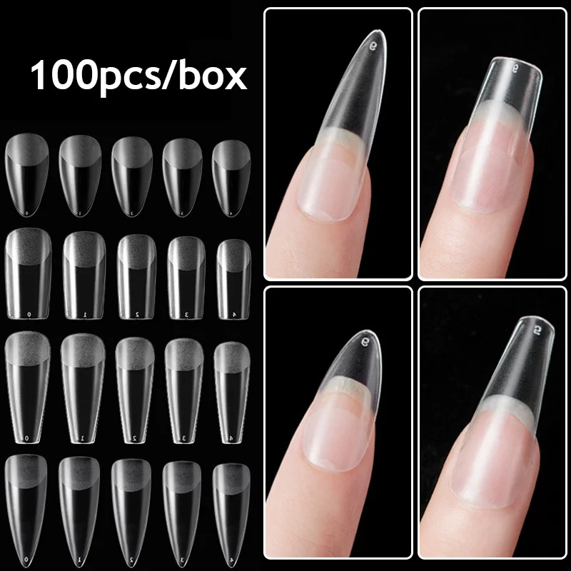 

100PCS/Box Transparent Seamless Full Cover False Nails Matte Coffin/Stiletto/Almond/Square Nails Extension Nail Accessories