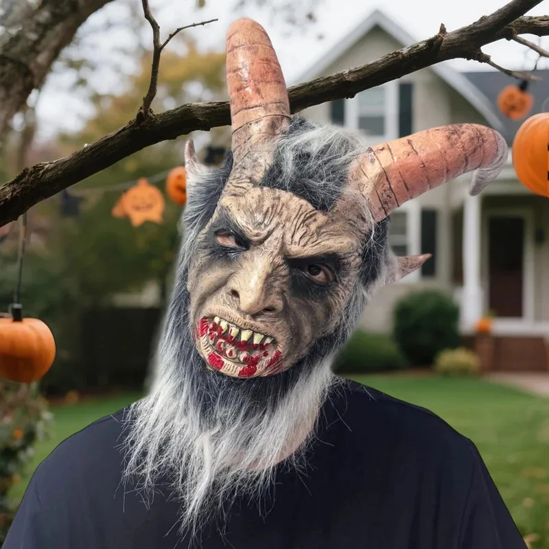 قناع شيطان من اللاتكس مع قرون فم دموي لحفلة الهالوين وأغطية الرأس وإكسسوارات التنكرية ob;8