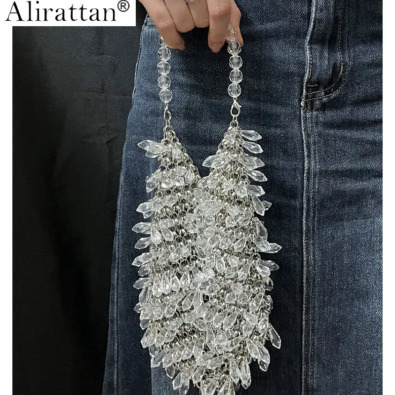 Alirattan Women New Transparent Crystal Acrylic Bucket Bag,Fashionable Handmade Evening Bag Handwoven Beading High-end Handbag