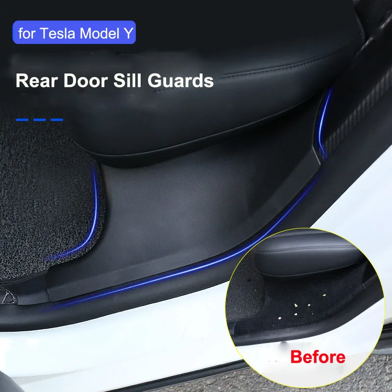 2pcs Rear Door Sill Guards For Tesla Model Y ABS Inner Protector Plate Cover Trim Car Anti-Dirty Bumper Welcome Pedal Kick Pad