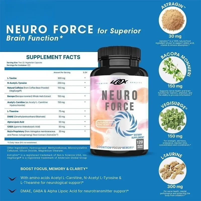 Neuro Force Capsules Supplement - Promotes Brain, Nervous System Health, Improves Cognitive Function, Memory and Concentration