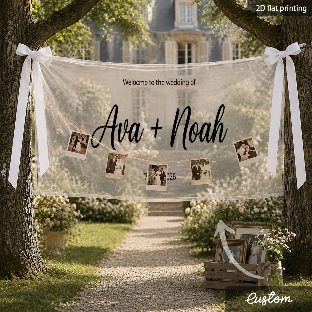 1Pc Custom Sheer Tulle Transparent Banner with Personalized Text/Name/Date & Ribbon, Suitable for Ceremony Entrance, Party Decor