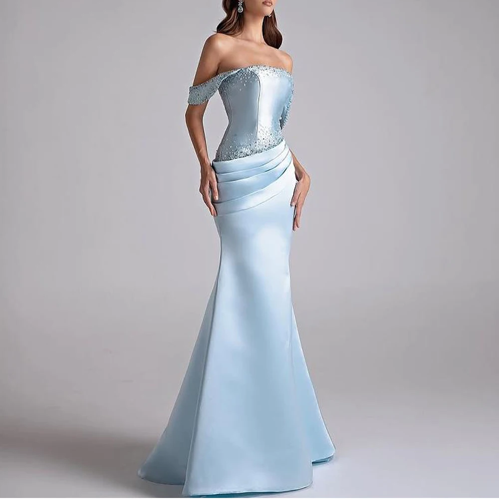 

Небесно-голубое вечернее платье с открытыми плечами по индивидуальному заказу, вечернее платье русалки из бисера, вечернее платье de fiesta, плиссированные атласные платья de gala