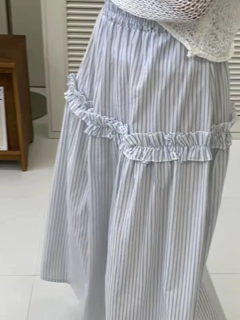 

Шикарная летняя юбка в вертикальную полоску с кружевом, свободного кроя, на эластичной талии, в японском стиле для девушек