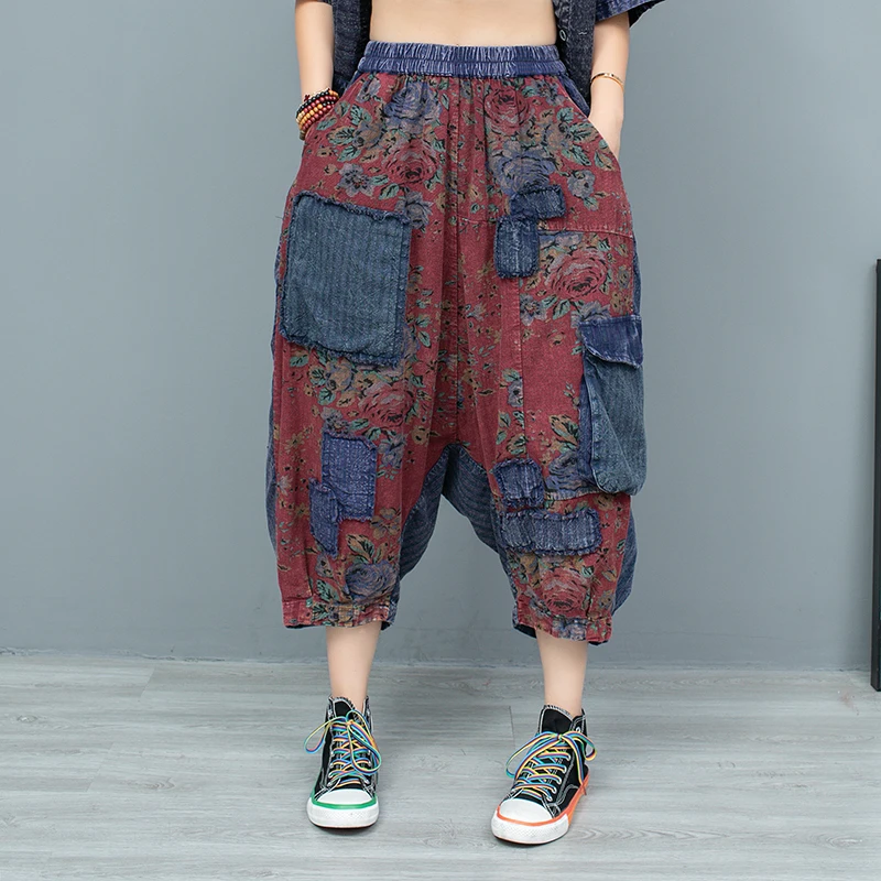 

Worn Big Flower Cotton Hemp Splicing Old Cloth Big Crotch Octopus Pants Women 2024 Summer Versatile Casual Pant LX1617