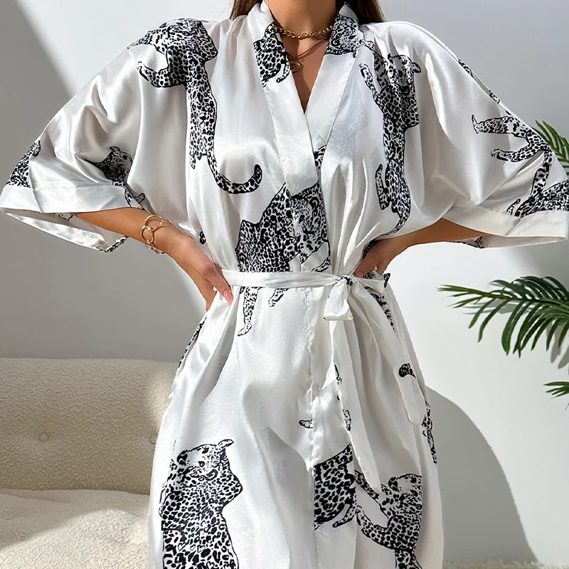 Women Imitation Silk Pajamas Robes Sleepwear Nightgowns Half Sleeve Nightdress Cartoon Print Luxury Bathrobe Smooth Soft Kimono