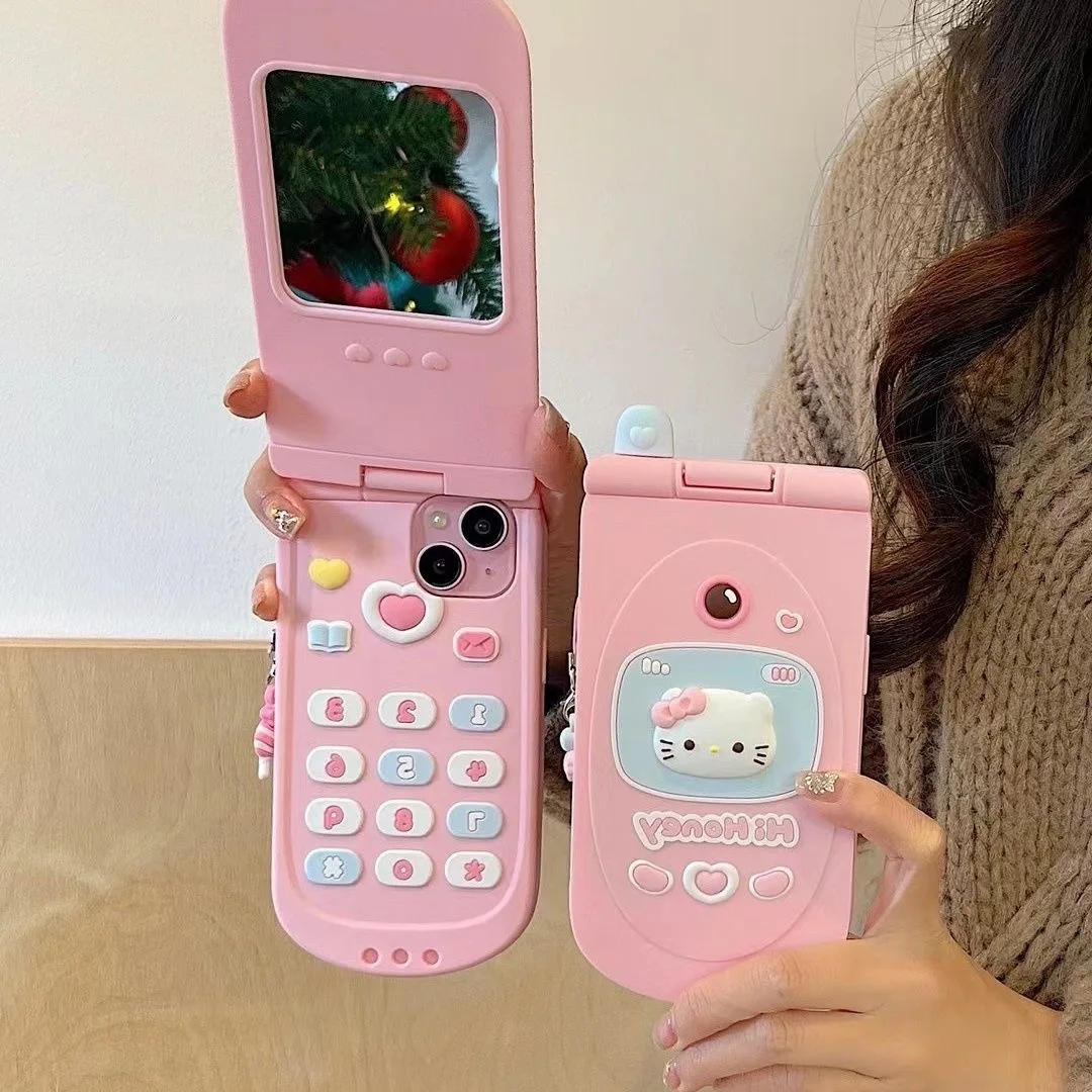 Sanrios Hello Kitty My Melody Stereoscopic with Flip Mirror Phone Case for IPhone 15 14 13 12 11 Pro Max Silica gel Back Cover