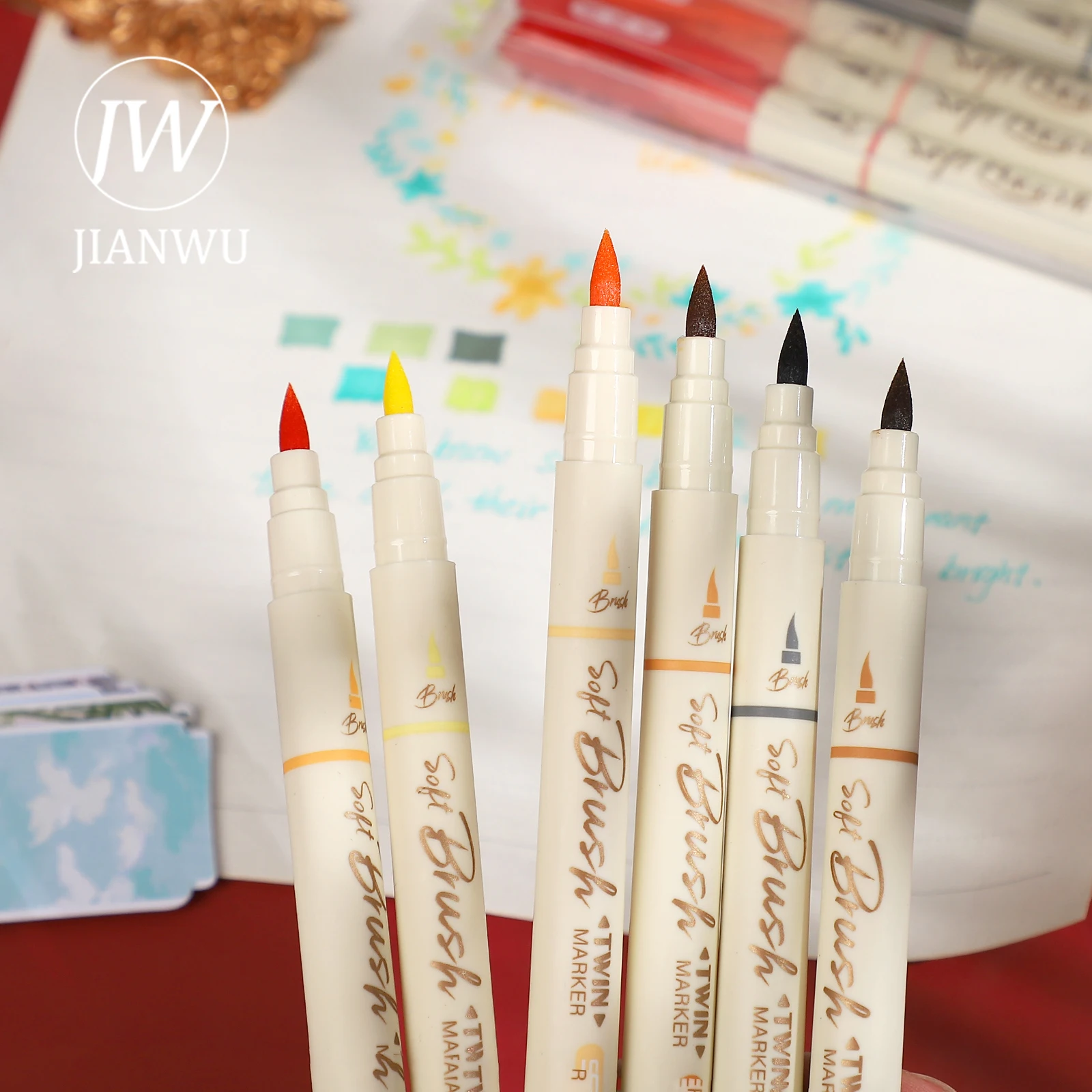 JIANWU 3 Pcs/set Simple Soft Tip Single Head/double Head Soft Painting Pen Set Creative DIY Journal Student Supplies Stationery