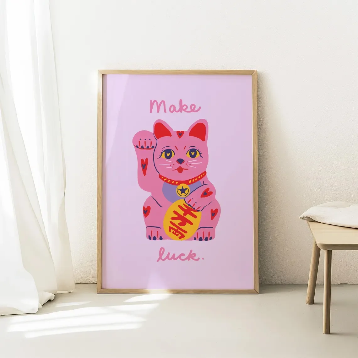 Lucky Cat Print, Pink Maneki Neko Wall Art, Kawaii Room Decor, Asian Good Luck Gift, Cute Japanese Decor, Lucky Charm Art, Desk