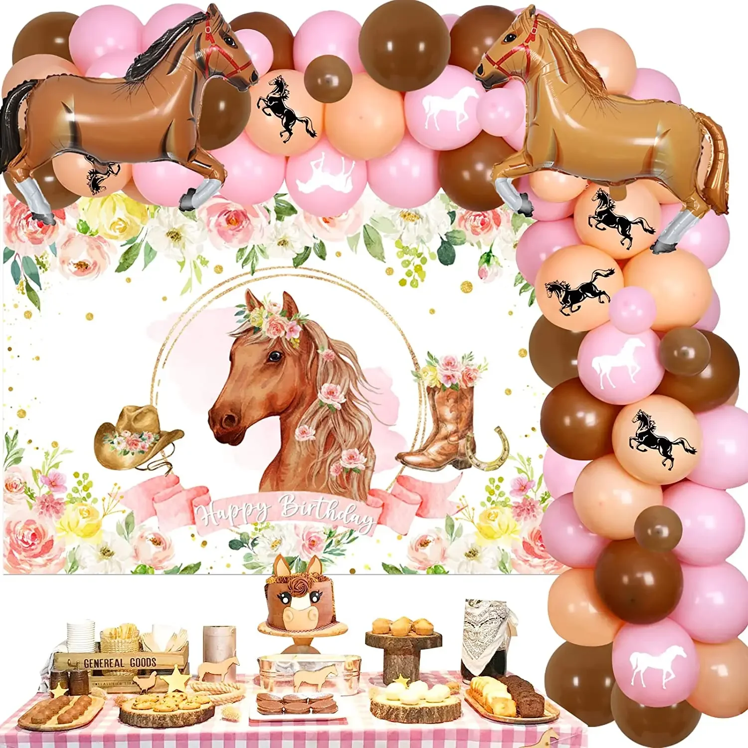 

Horse Balloon Garland Kit Pink Floral Horse Photo Backdrop Girls Racing Horse Balloons Western Cowgirl Birthday Party Supplies