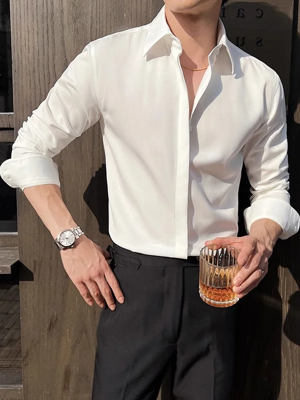 

Мужская приталенная рубашка с длинным рукавом, квадратным воротником, на пуговицах, деловая, формальная, в корейском стиле, белая, не требующая глажки, свободного кроя.
