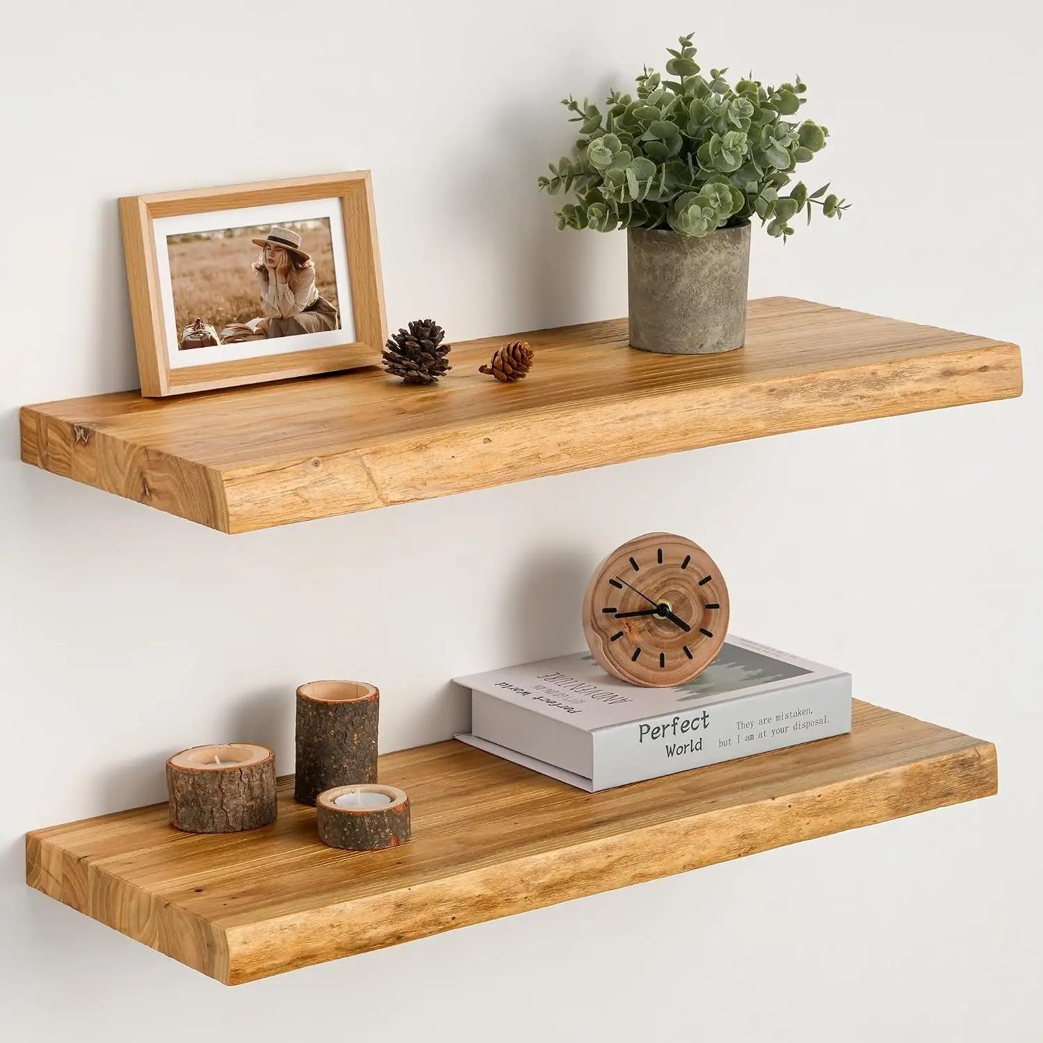 Floating Shelves 24 Inch Set 2 Solid Elm Wood Natural Live Edge Heavy Duty Hidden Brackets Zero Sag Space Saving Wall Decor Livi