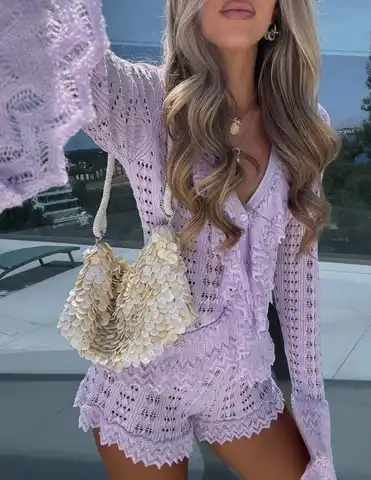  Women Hollowed Two-piece Set V-neck Sheer Waves Fungus Edge Flared Sleeves Lace Shorts Pants 2026 Summer Vacation Party Outfit