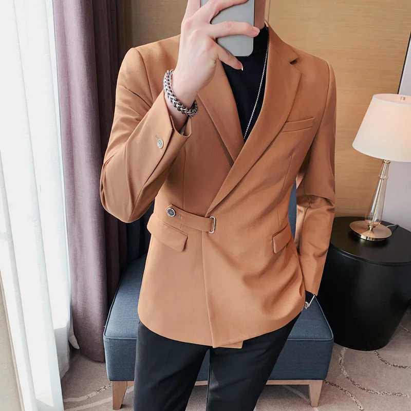 Men Dress Autumn Blazers Cotton Linen Oblique Buckle Tuxedo Man Jacket One Button Pockets Blazer Coat Homens Suit Male Clothing