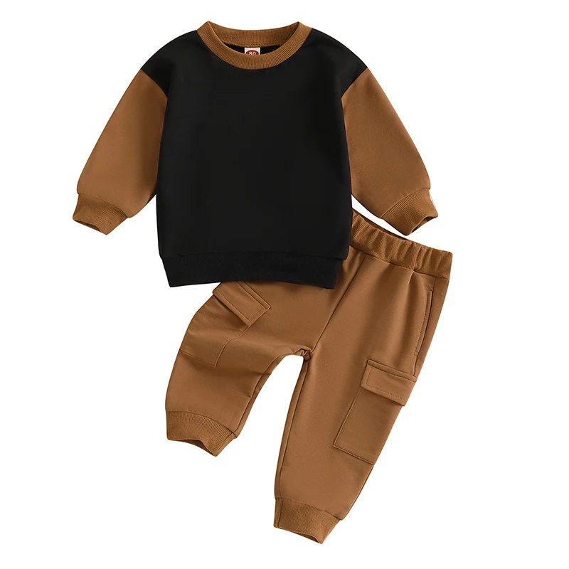 

Baby Boy Toddler 2Pcs Fall Outfit，Long Sleeve Contrast Color Sweatshirt & Cargo Pants Set