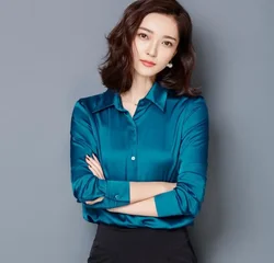 a new Peacock blue Satin Shirt Women Long sleeve silk Blouses loose women work wear uniform office shirt simple Chiffon top