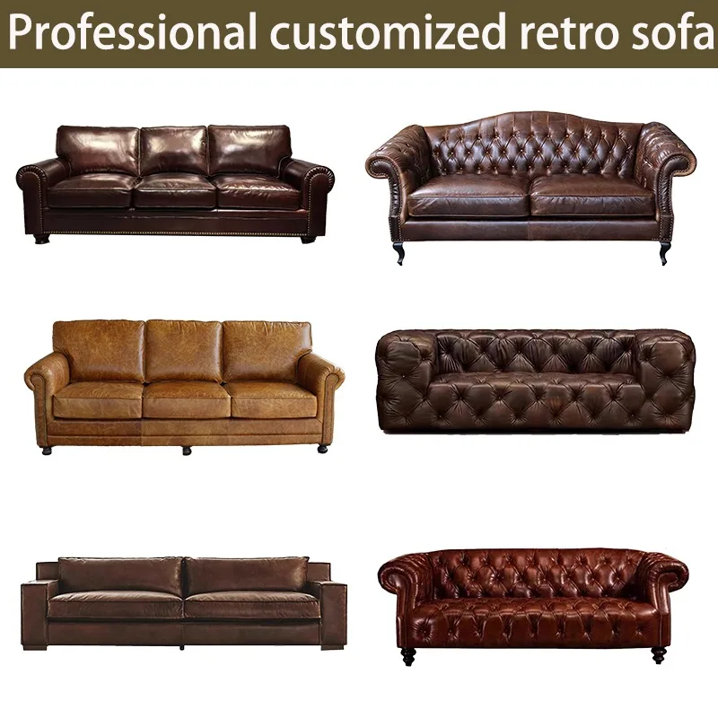 Custom American Vintage Oil-Waxed Leather Sofa for Living Rooms, Cigar Clubs, Cafés, KTVs, Barsand Offices with Industrial Style
