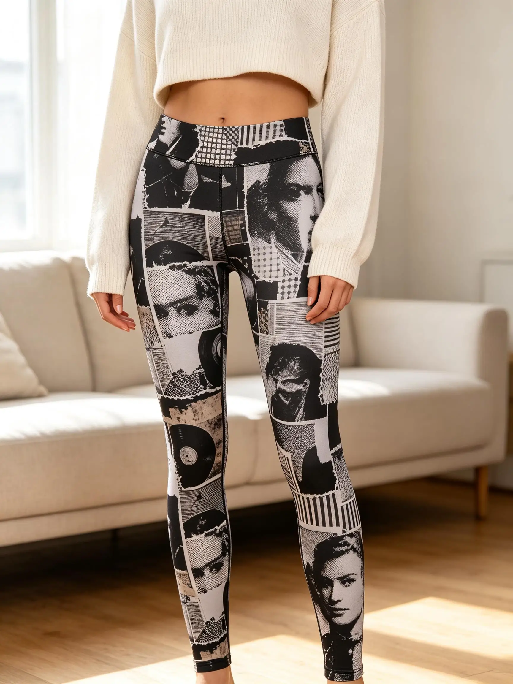 Women Fleece-Lined Mid-Rise Leggings Vintage Vinyl Record Portrait Collage Print Slim Warm Casual Pants