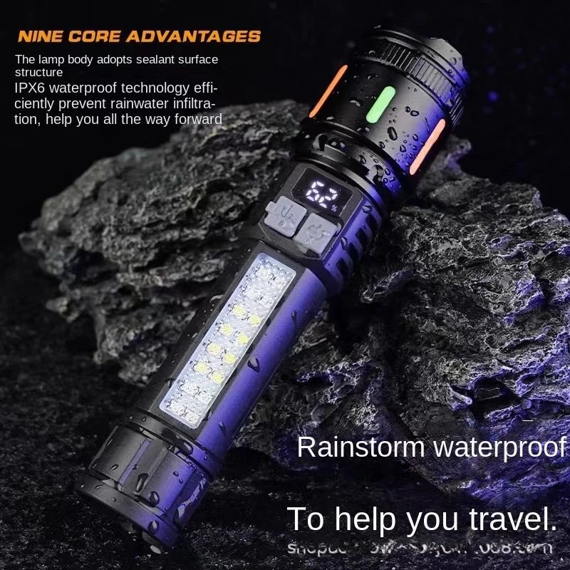 Rechargeable led flashlight with COB Side light White Laser Flashlight Waterproof Zoom Power Display Tactical Torch for Camping