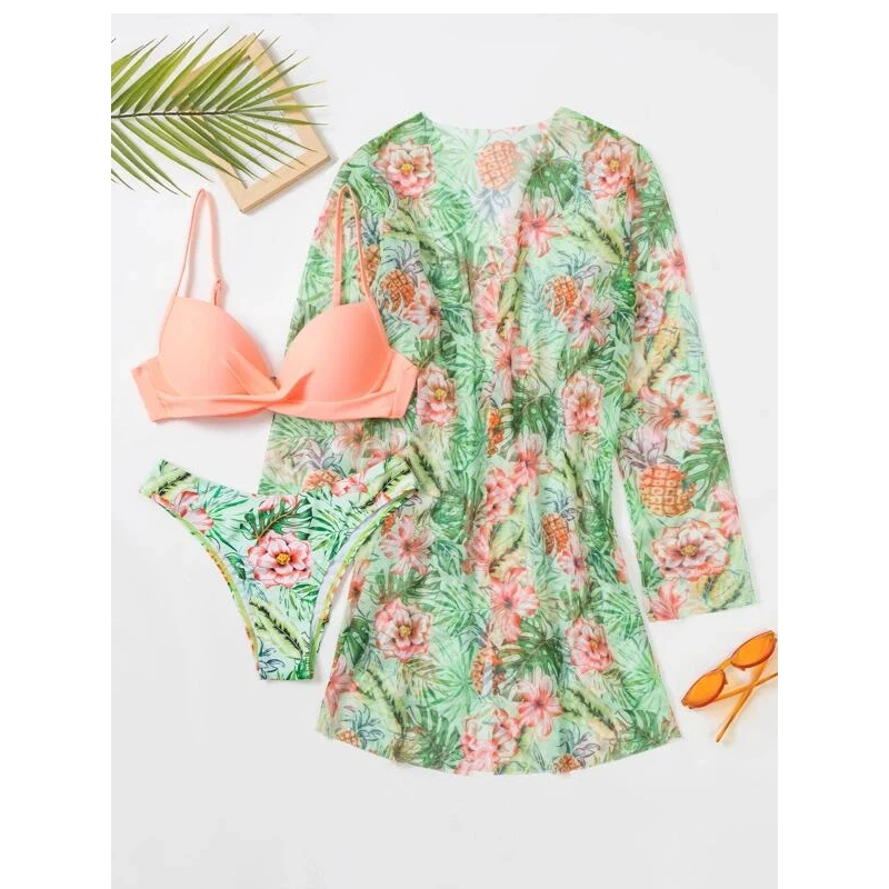 Conjunto de bikini de 3 piezas para mujer Verano 2025, falda para la playa con volantes a la moda, traje de baño para cubrir, traje de baño informal lujoso para playa