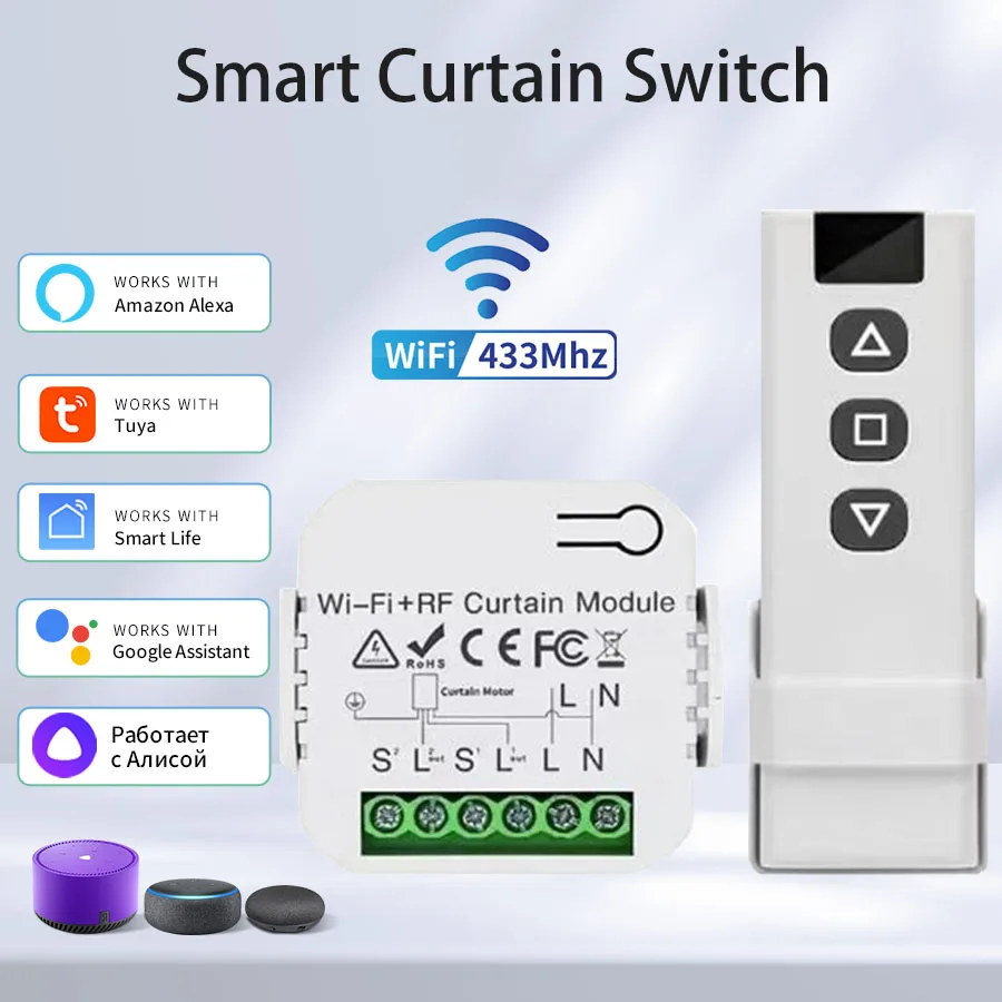 Interruptor Inteligente para Cortinas e Persianas Rolô Tuya WiFi RF433MHz com Controle Remoto, Suporte para App Smart Life e Comando de Voz Google Home Alexa