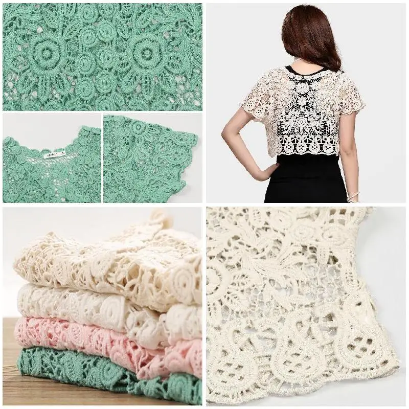 Women Short Sleeve Crochet Shrugs Hollow Out Flower Lace Open Front Cropped Cardigan Sunscreen Jacket Sport Running Vest