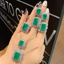 Luxury Emerald Green Gemstone Jewelry with Rectangle Cut Stones Ideal Elegant Adjustable Rings Pendant Necklace Earrings Jewelry