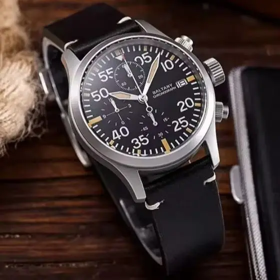 Baltany Men Chronograph Watch Pilot 39mm Quartz Wristwatch Sapphire Mirror 10Bar Waterproof BGW-9 Luminous VK67 Mov Sport