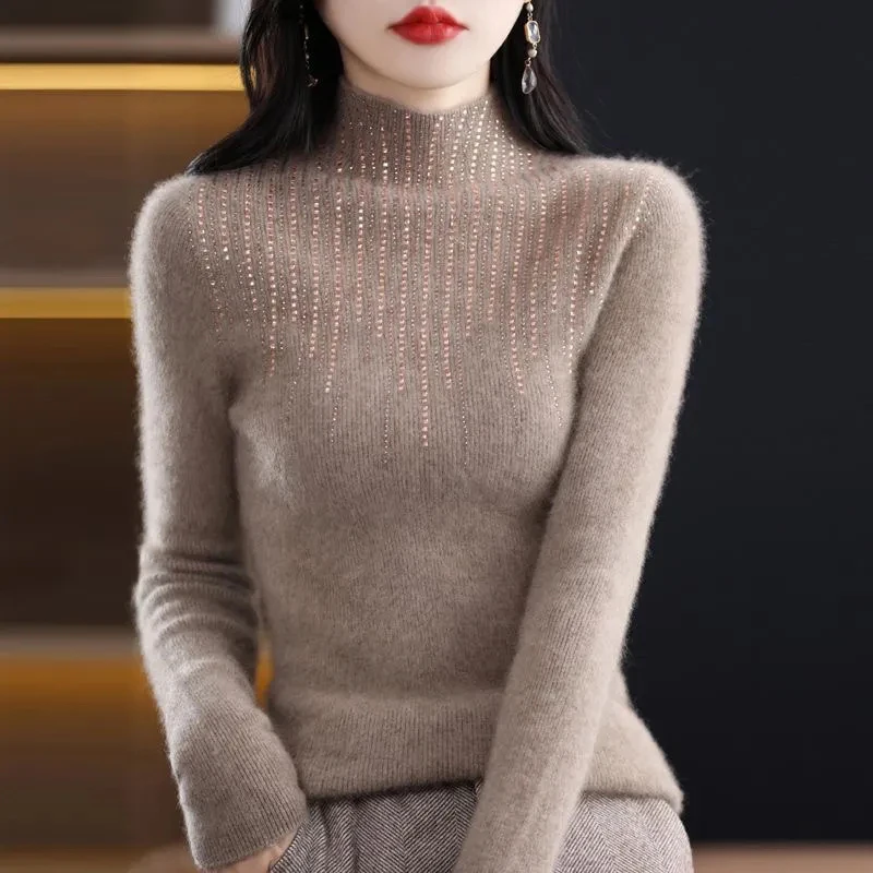 Lucyever Luxury Shiny Crystal Turtleneck Sweaters Women Fashion Slim Rhinestones Knitted Jumper Ladies Solid Soft Warm Pullover