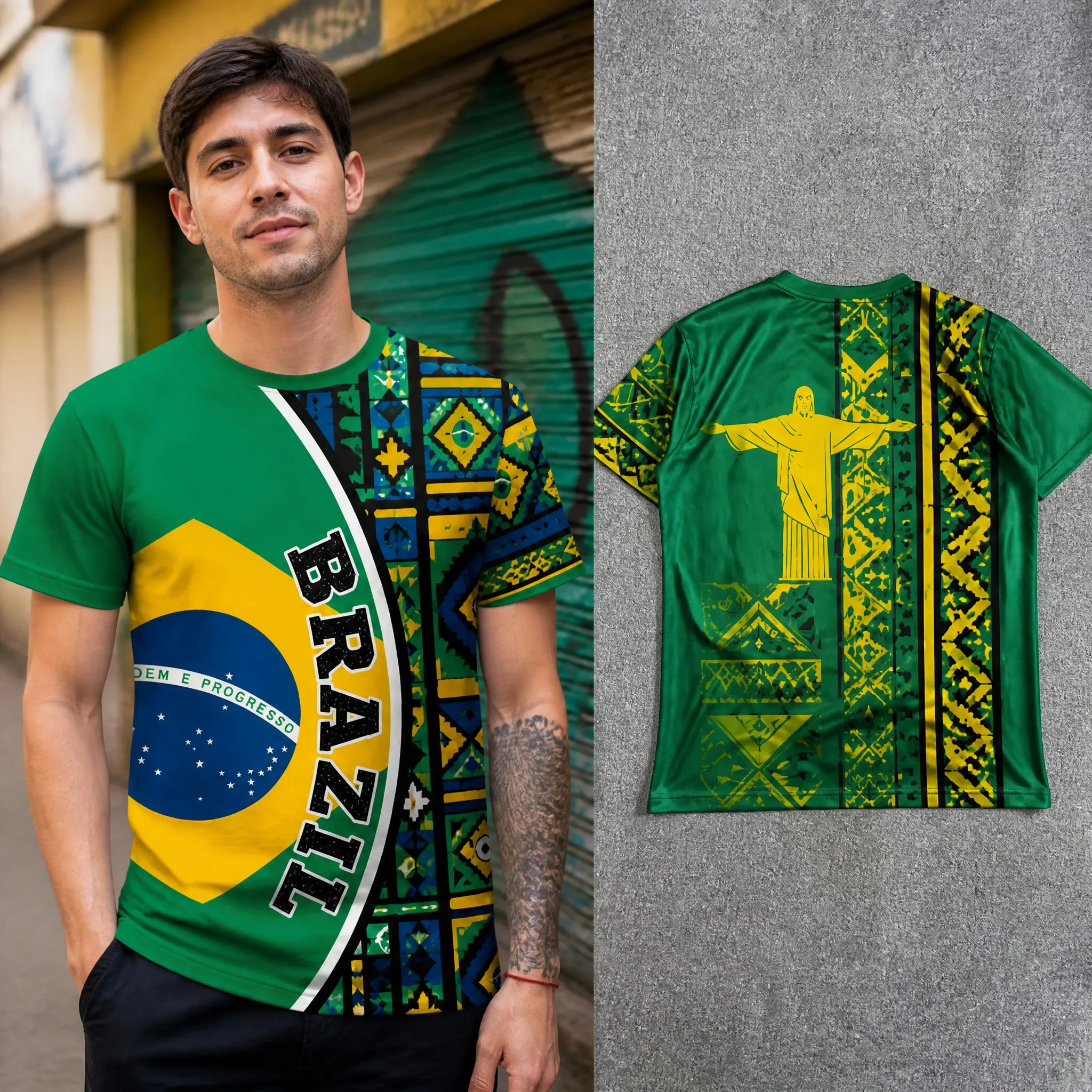 Mens Brazil Crew Neck T Shirt Green Tribal Print Short Sleeve Casual Top Cristo Graphic Back Summer Streetwear Tee Summer Outfit