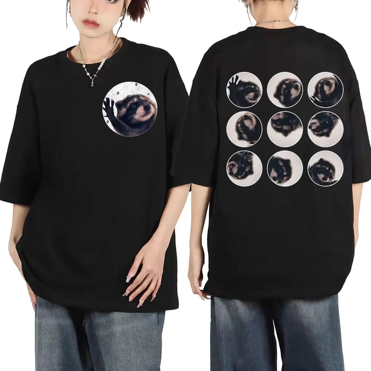 

2024 Funny Raccoon Double Sided Print T Shirts Men Women Fashion Oversized O-Neck T-shirts Casual Pure Cotton Short Sleeve Tees