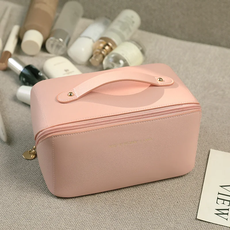 Bolsa de cosméticos de cuero PU cómoda de llevar para viajes con gran capacidad y diseño de alta calidad, asequible, resistente y duradero