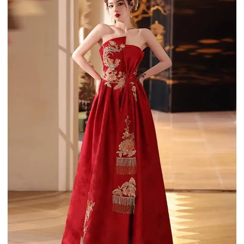 

Red Embroidered Bridal Gown New Chinese Sle Strapl Wedding Dr Luxury Heavy Work Engagement Par Dr High Waist Sli...