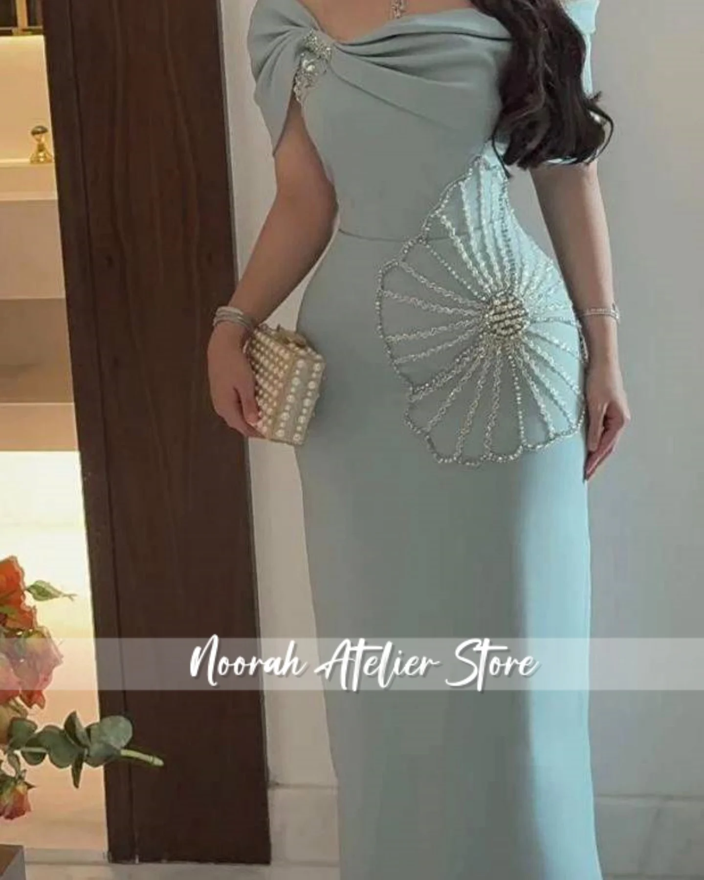 فساتين سهرة نسائية فاخرة جديدة مكشوفة الكتفين مطرزة باللون الأخضر الفاتح 2025 فستان حفلات طويل بفيونكة دبي مخصص