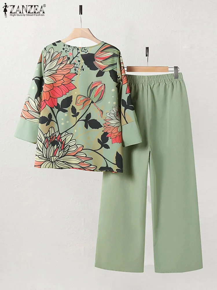 ZANZEA Summer Elegant Floral Printed Pants Sets Women 2PCS 3/4 Sleeve Shirt Trousers Suits Casual Holiday Matching Sets Outifits