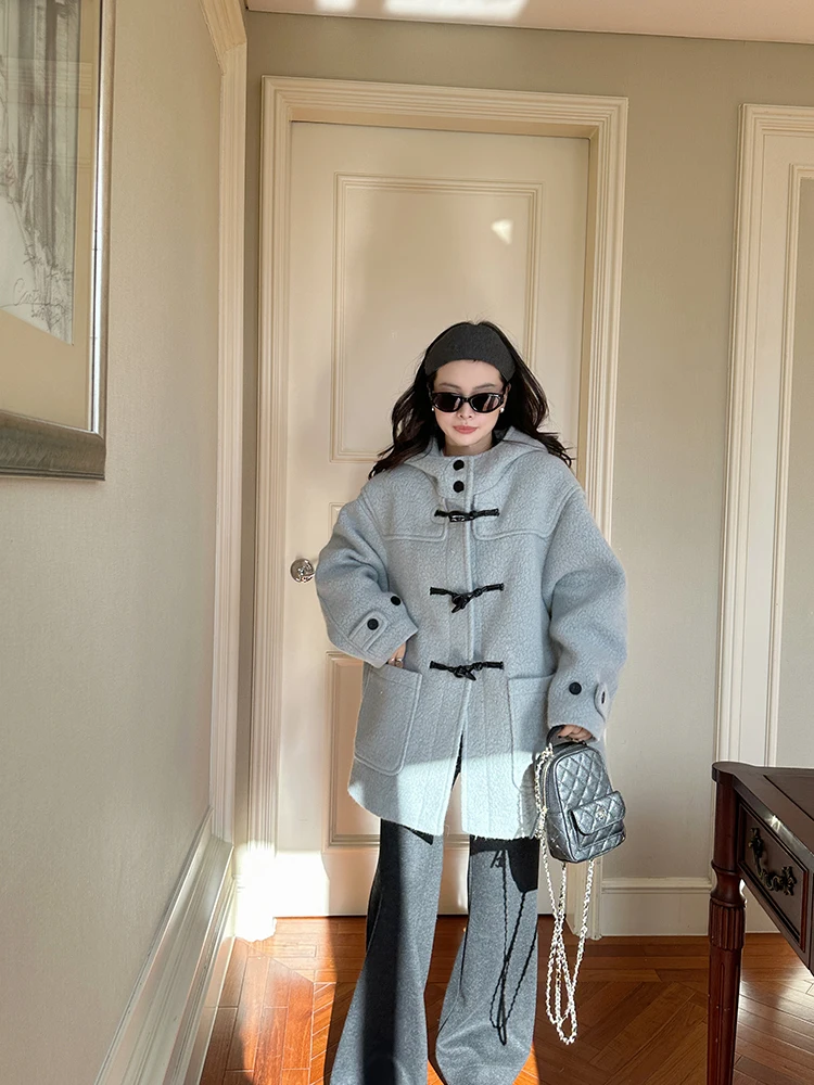 

Blue Woolen Coat Korean Sle Hat with Button Winter Coat for Women Thiened Long Sve Pure Color Button Design Hat Included