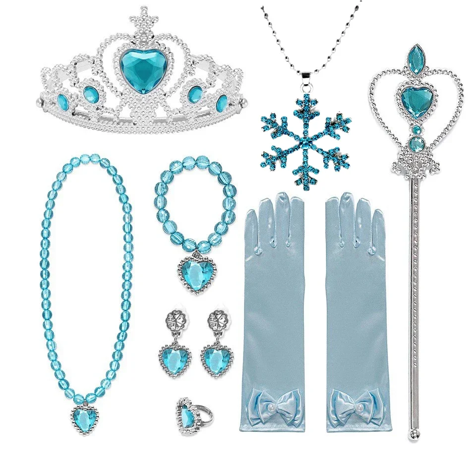 

Princess Dress Cosplay Set with Elsa Accessories: Gloves, Wand, Crown, Jewelry, Wig Braid for Snow Queen 2 Costume